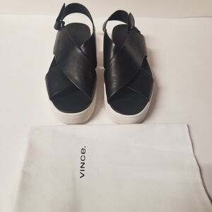 Vince Leather Platform Sandals with Crisscross Straps, Black, 9 to 9.5 Med.